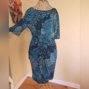 Blue green Peacock 3/4 length sleeve wrap dress